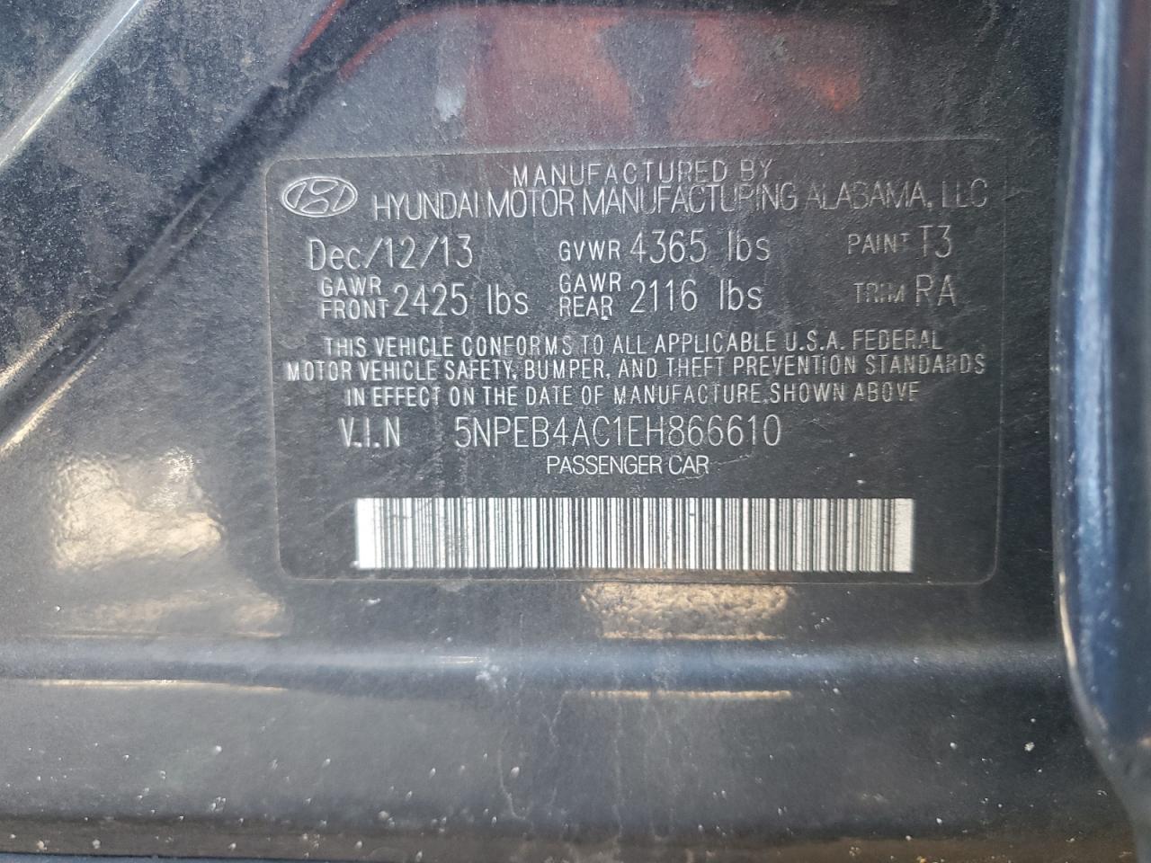 2014 Hyundai Sonata Gls VIN: 5NPEB4AC1EH866610 Lot: 56816835