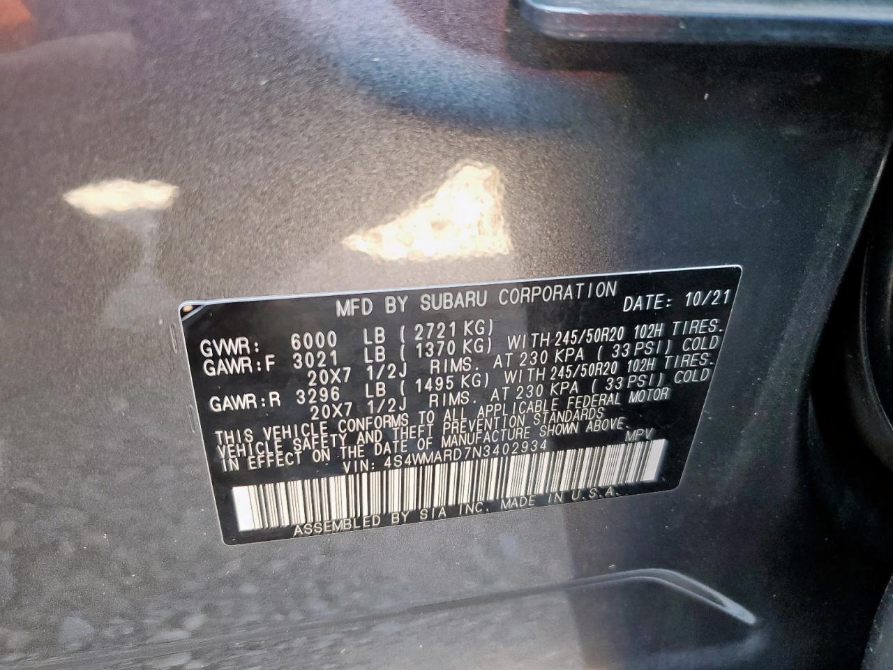 2022 Subaru Ascent Touring VIN: 4S4WMARD7N3402934 Lot: 56394165