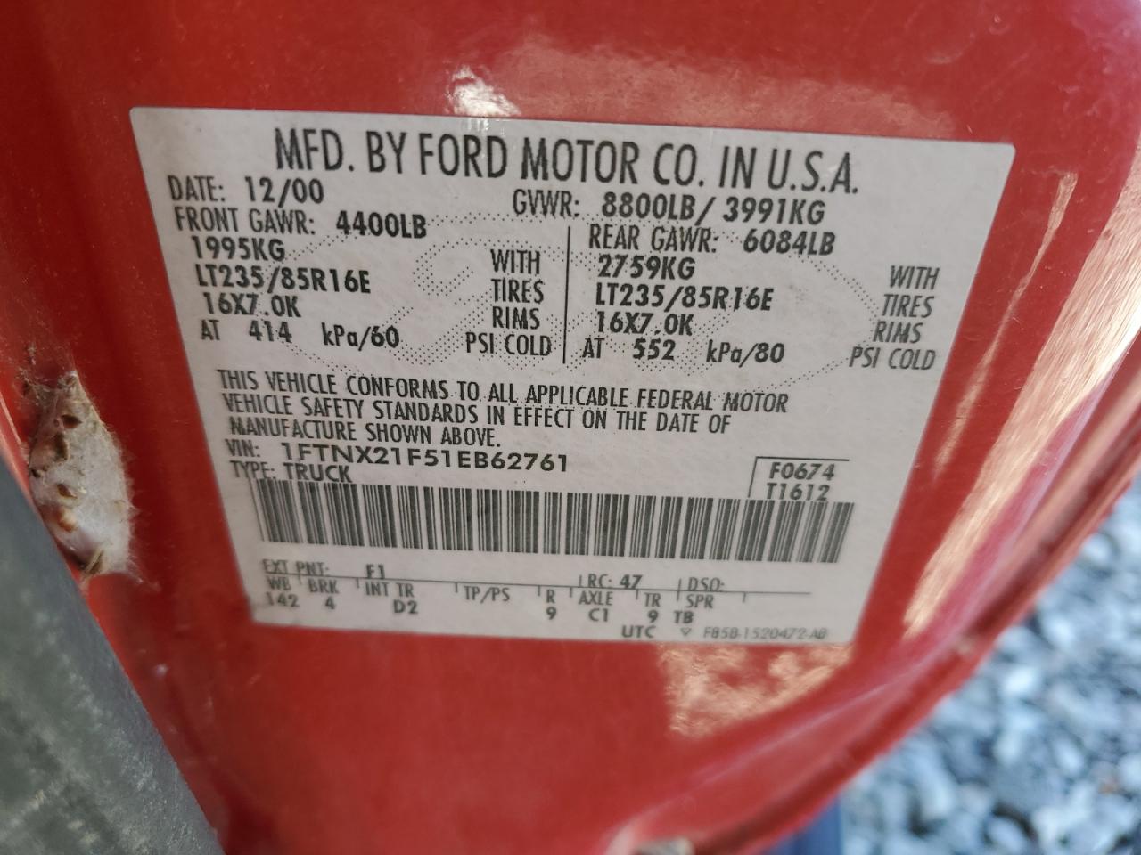 2001 Ford F250 Super Duty VIN: 1FTNX21F51EB62761 Lot: 57332635