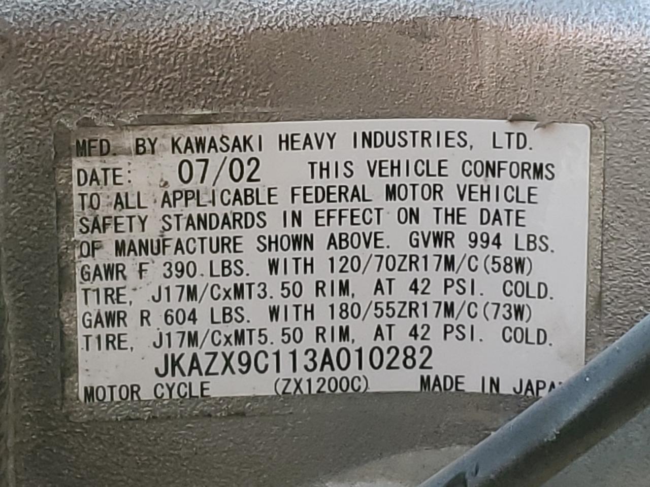 2003 Kawasaki Zx1200 C VIN: JKAZX9C113A010282 Lot: 57256795