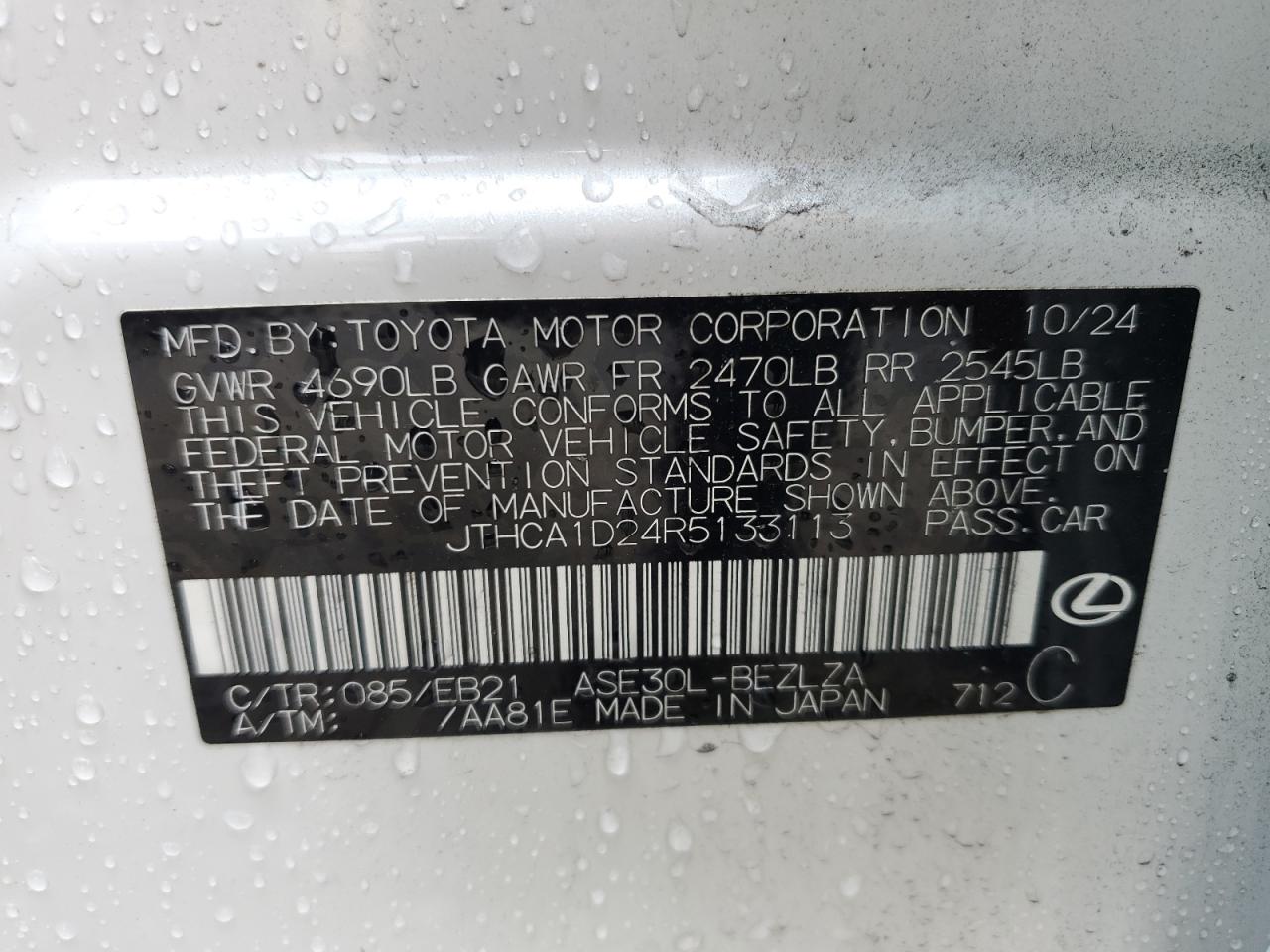 2024 Lexus Is 300 VIN: JTHCA1D24R5133113 Lot: 58919935