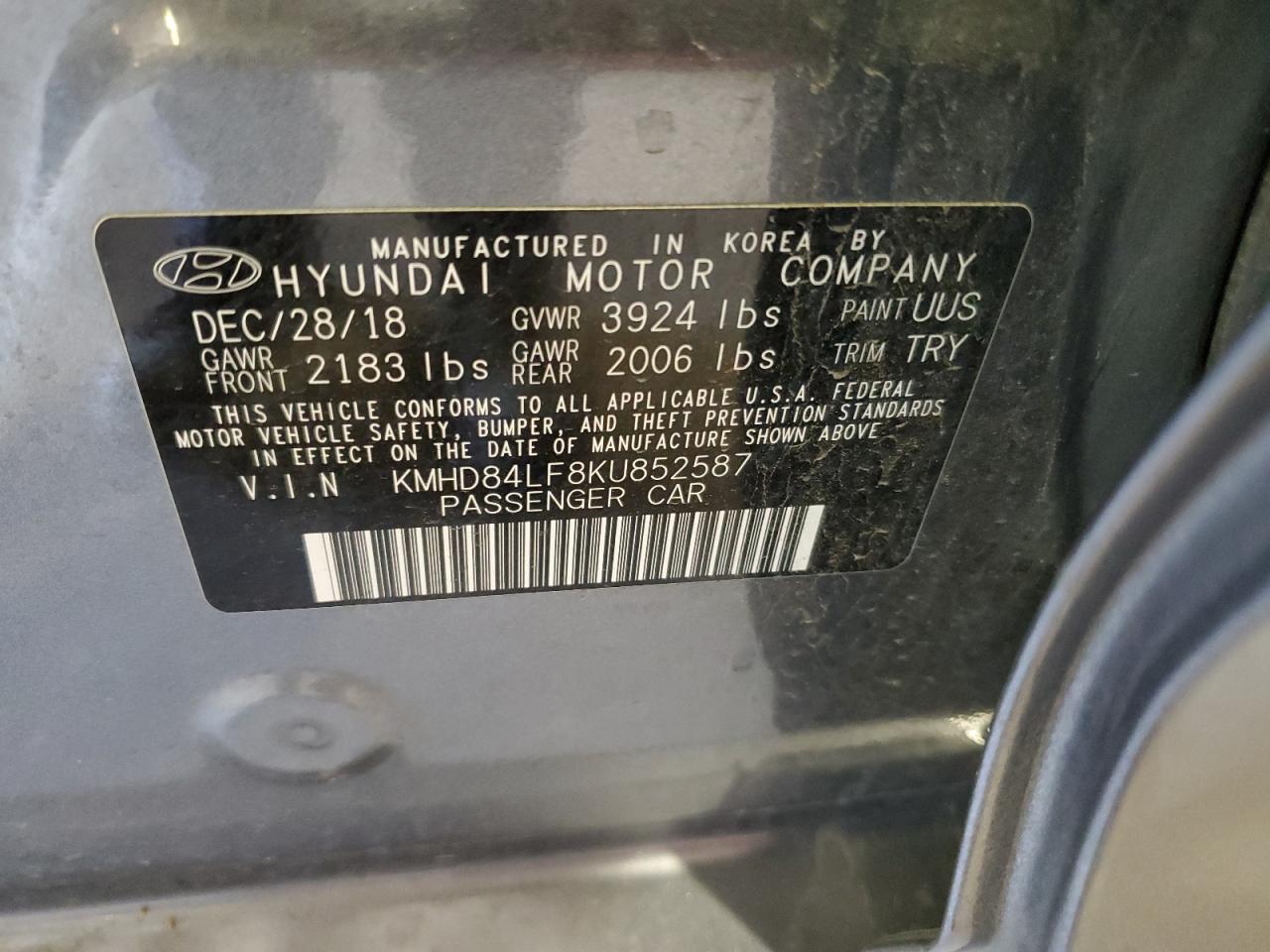 2019 Hyundai Elantra Sel VIN: KMHD84LF8KU852587 Lot: 56685925