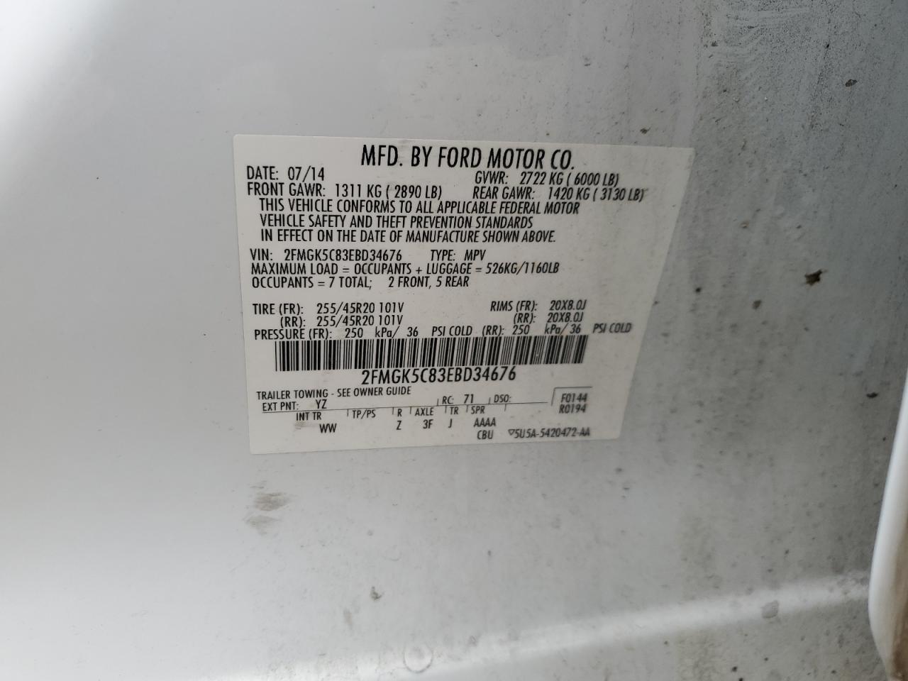 2014 Ford Flex Sel VIN: 2FMGK5C83EBD34676 Lot: 55880495