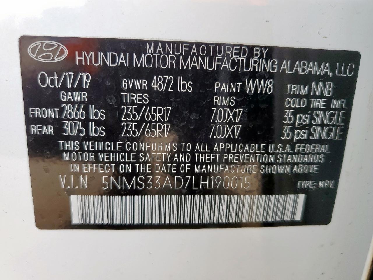 2020 Hyundai Santa Fe Sel VIN: 5NMS33AD7LH190015 Lot: 57339065