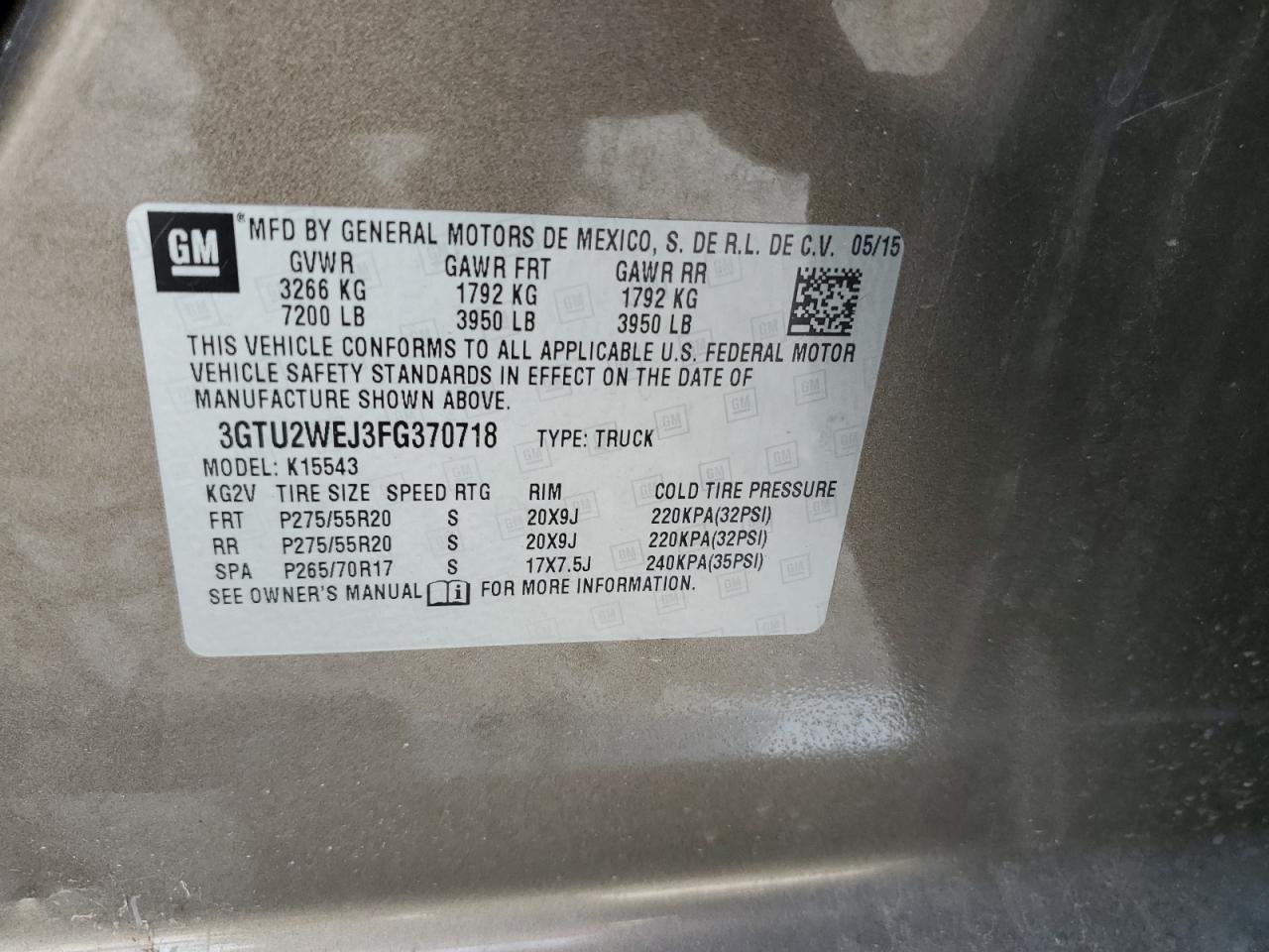 2015 GMC Sierra K1500 Denali VIN: 3GTU2WEJ3FG370718 Lot: 55256485