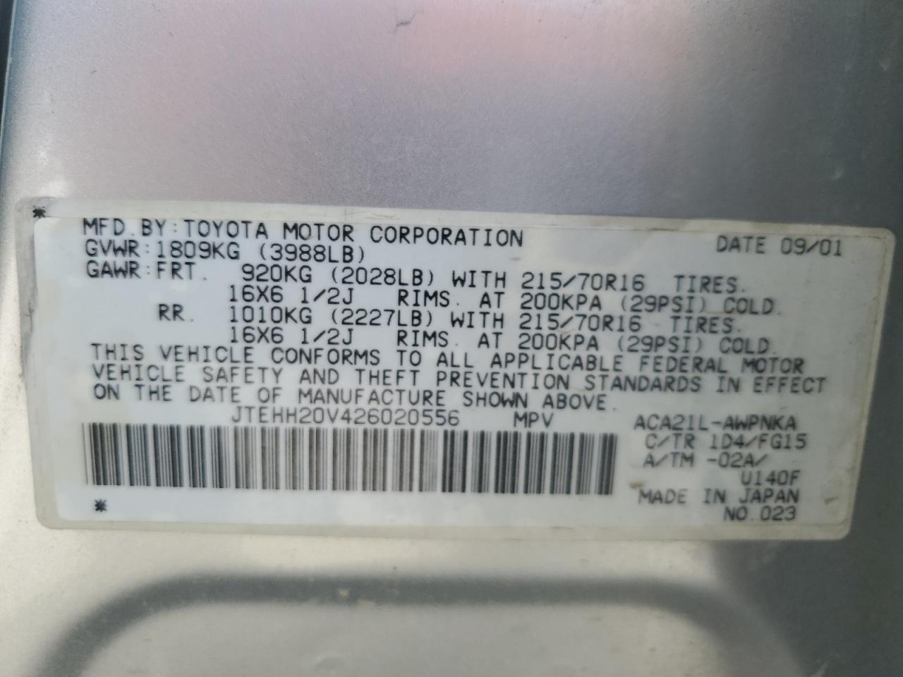 2002 Toyota Rav4 VIN: JTEHH20V426020556 Lot: 56896665