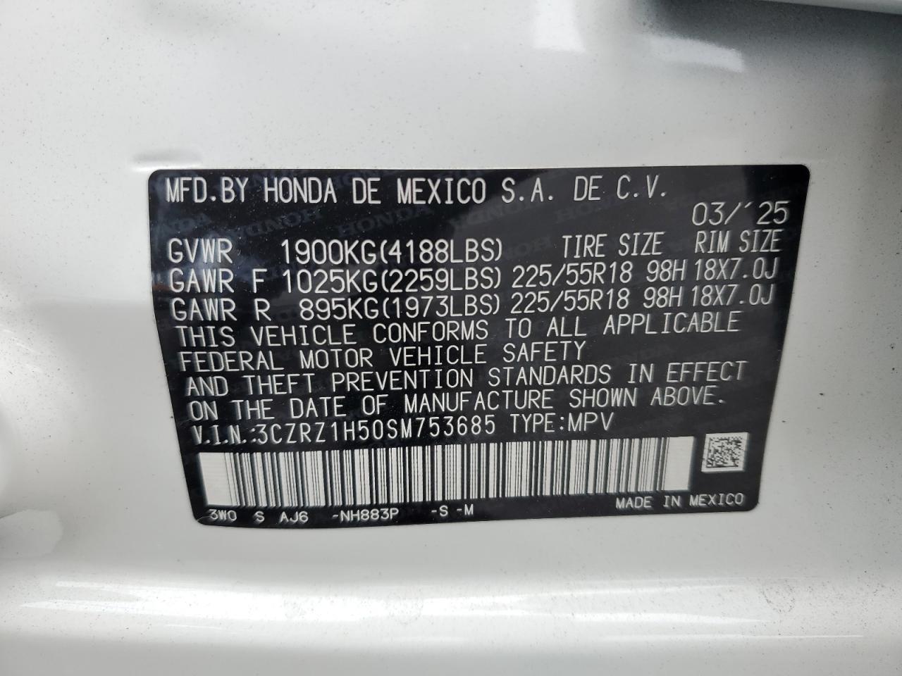 2025 Honda Hr-V Sport VIN: 3CZRZ1H50SM753685 Lot: 57655865