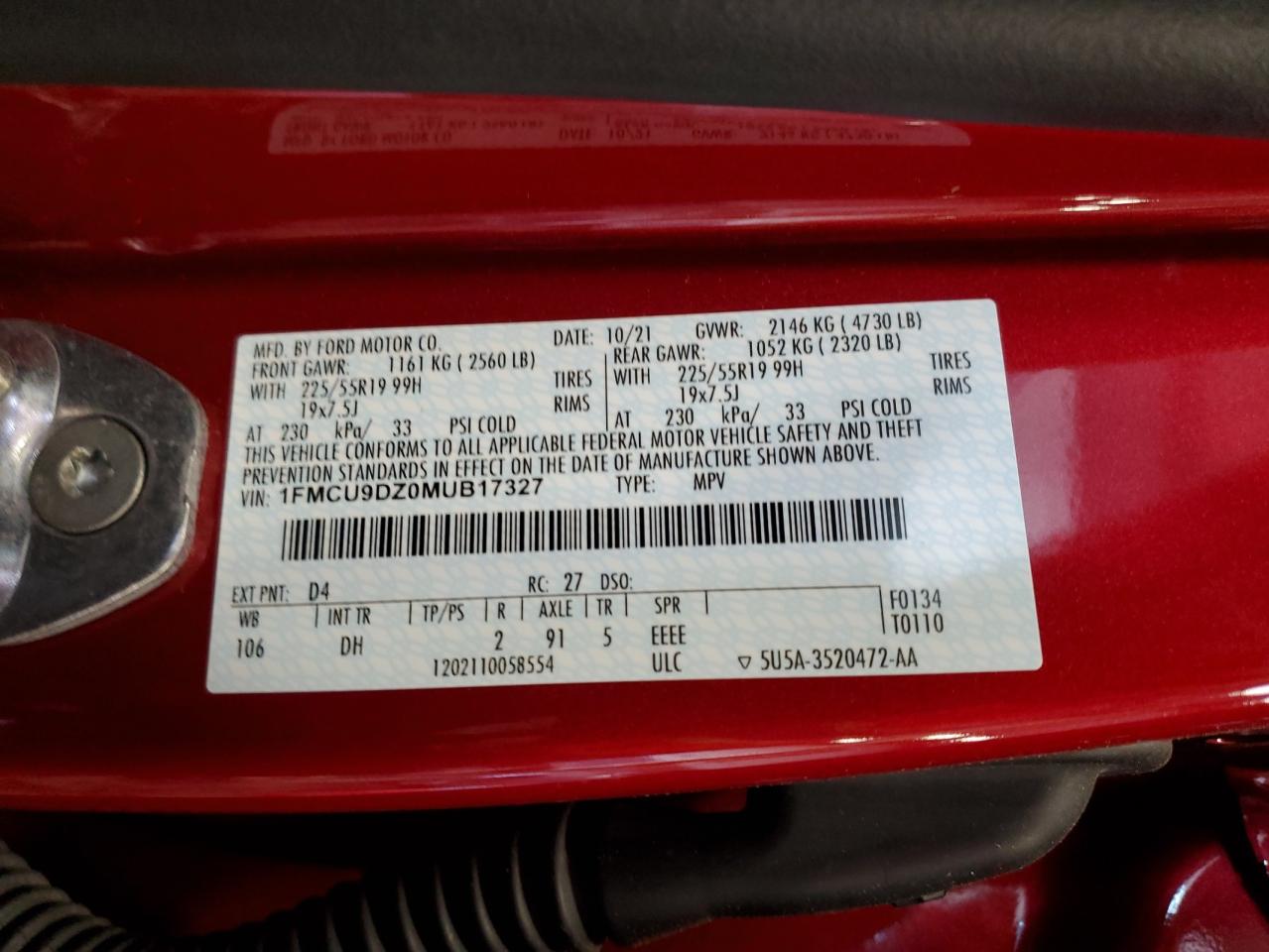 2021 Ford Escape Titanium VIN: 1FMCU9DZ0MUB17327 Lot: 56545325