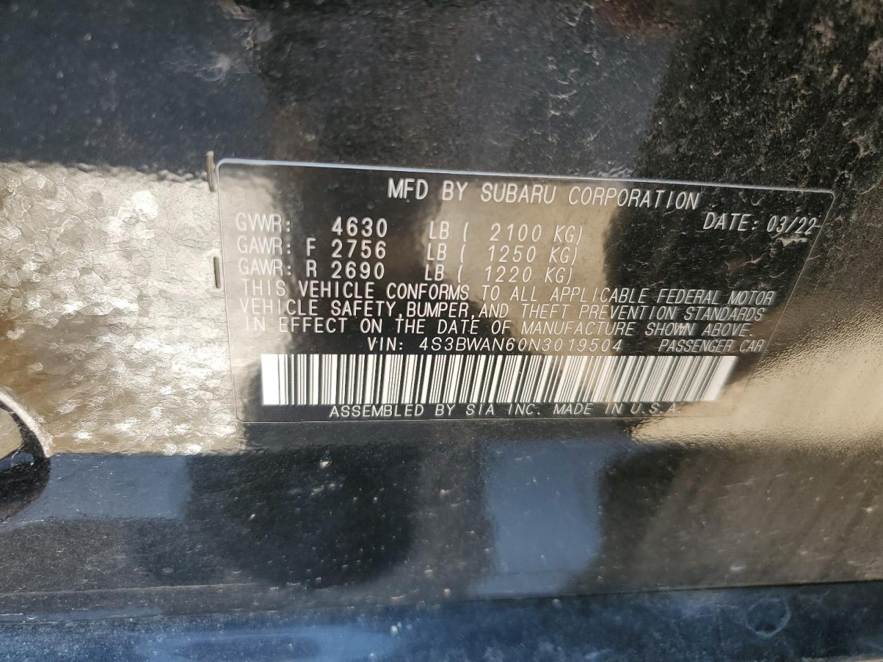 2022 Subaru Legacy Limited VIN: 4S3BWAN60N3019504 Lot: 56799925