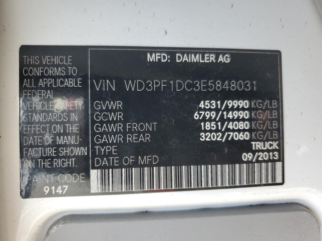 2014 Mercedes-Benz Sprinter 3500 VIN: WD3PF1DC3E5848031 Lot: 58869295