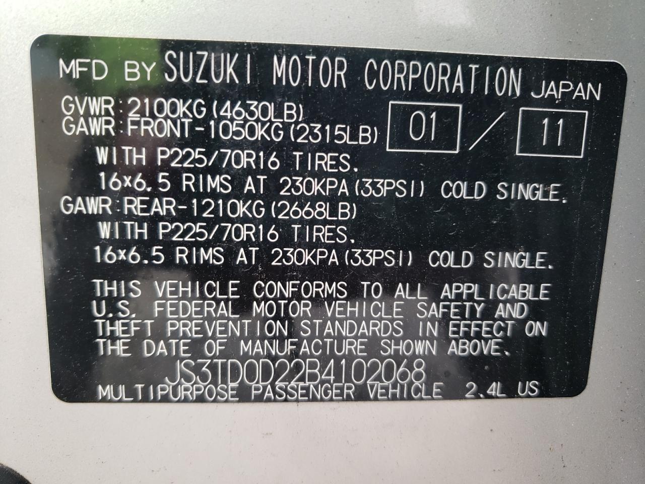 2011 Suzuki Grand Vitara Premium VIN: JS3TD0D22B4102068 Lot: 55260505