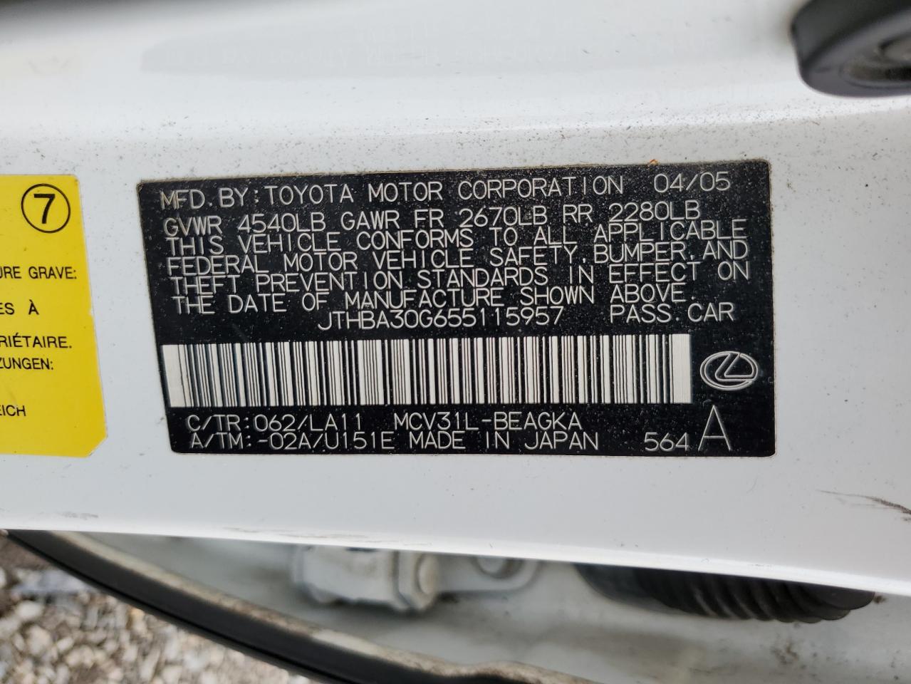 2005 Lexus Es 330 VIN: JTHBA30G655115957 Lot: 56173685