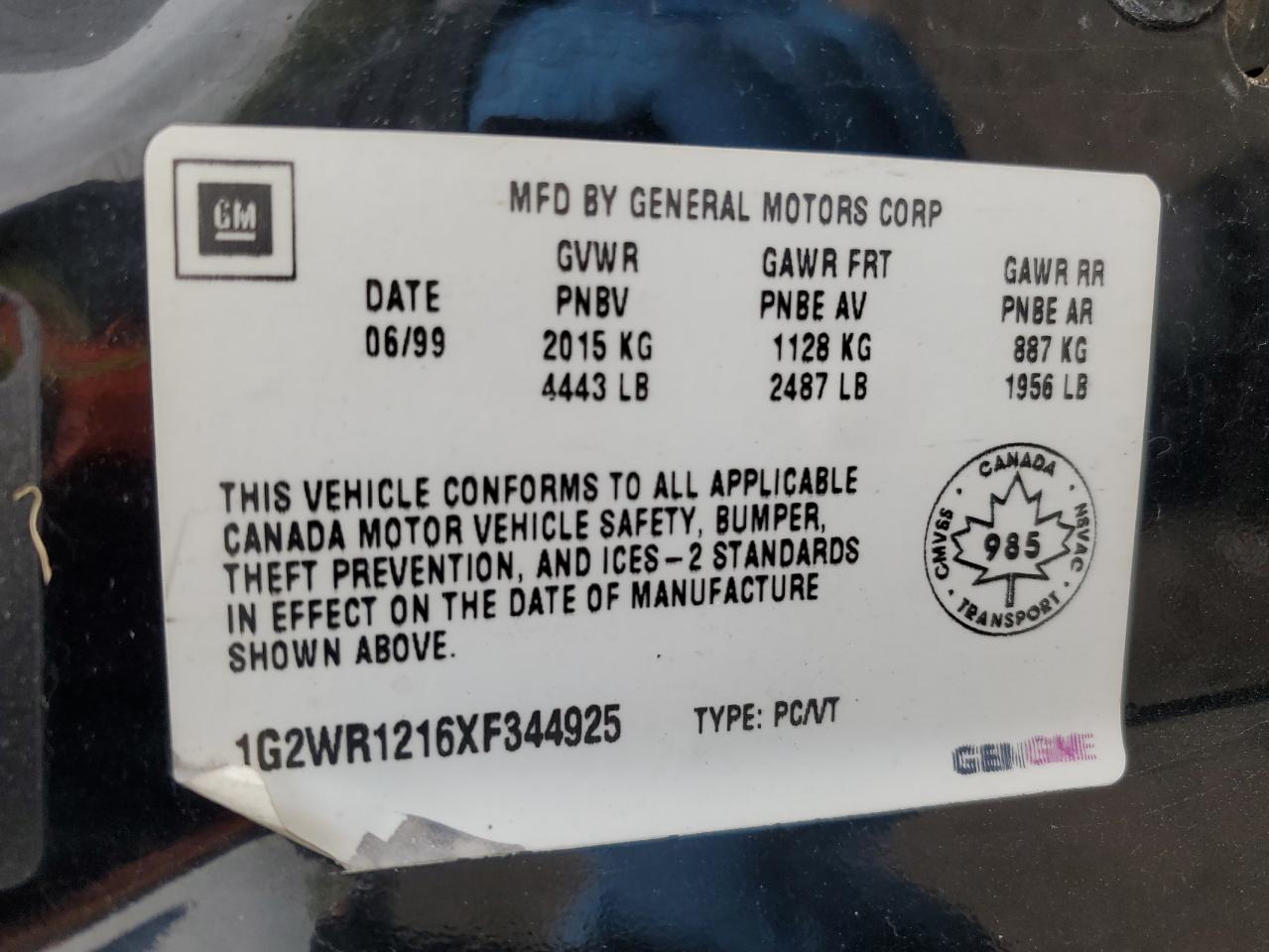 1999 Pontiac Grand Prix Gtp VIN: 1G2WR1216XF344925 Lot: 56050135