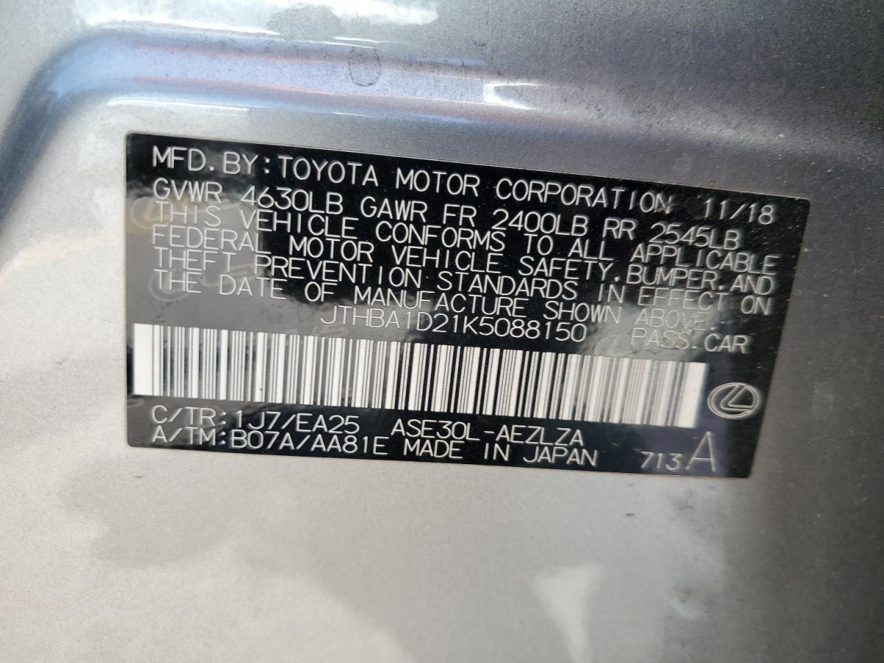 jthba1d21k5088150 JTHBA1D21K5088150 2019 Lexus Is 300