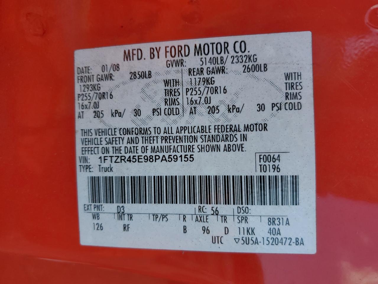 2008 Ford Ranger Super Cab VIN: 1FTZR45E98PA59155 Lot: 58272265