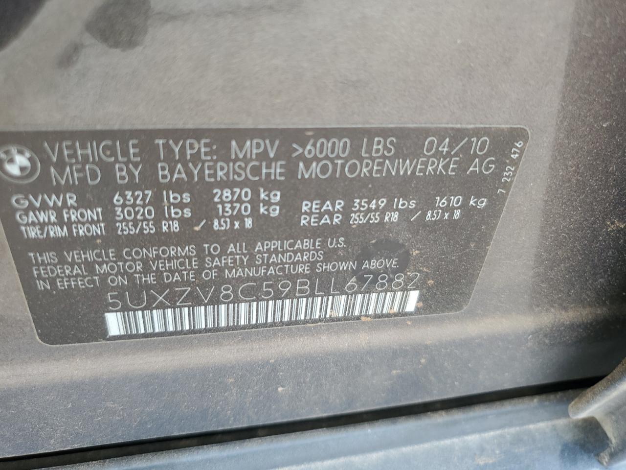 2011 BMW X5 xDrive50I VIN: 5UXZV8C59BLL67882 Lot: 58033615
