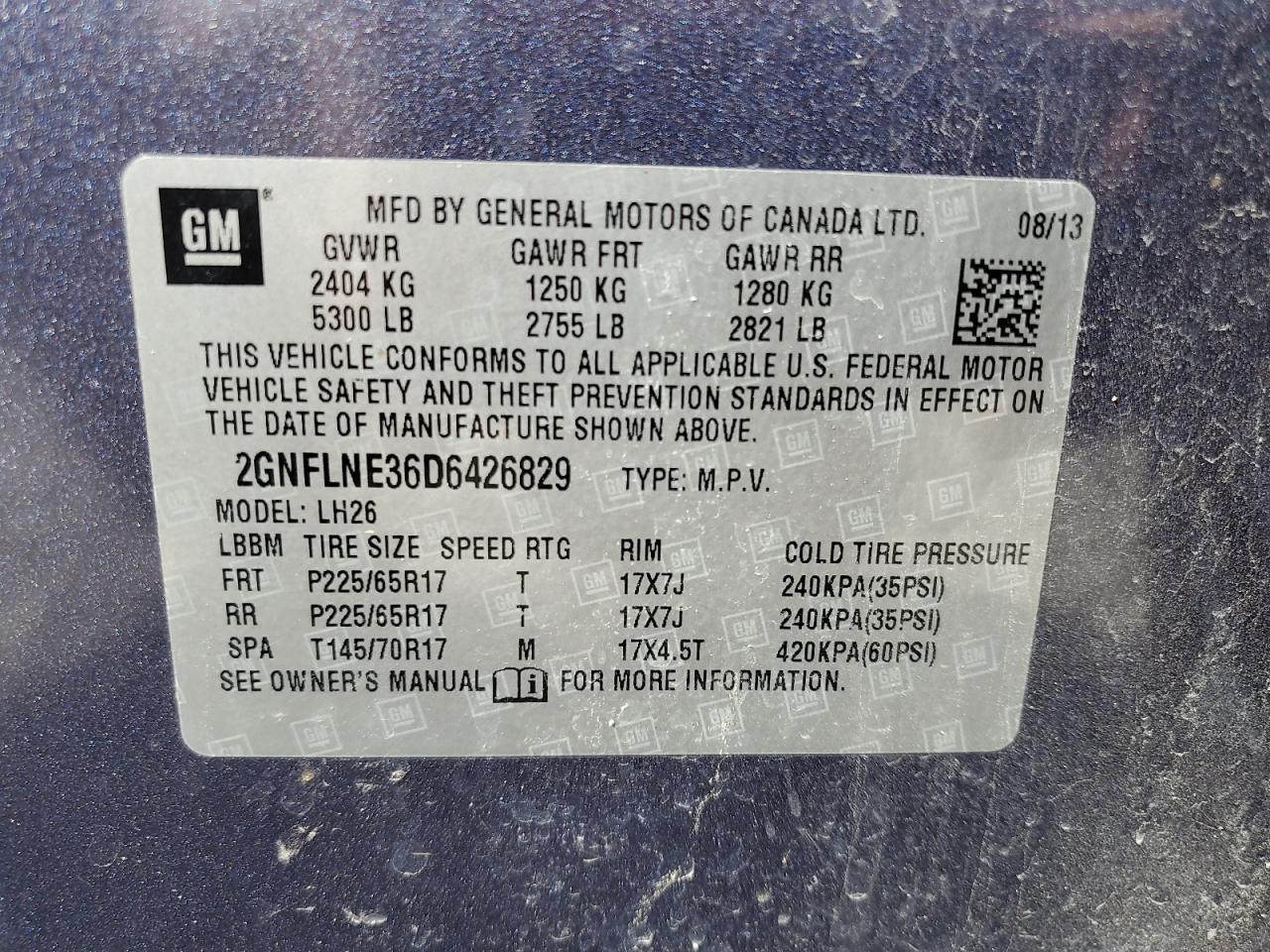 2013 Chevrolet Equinox Lt VIN: 2GNFLNE36D6426829 Lot: 56750375