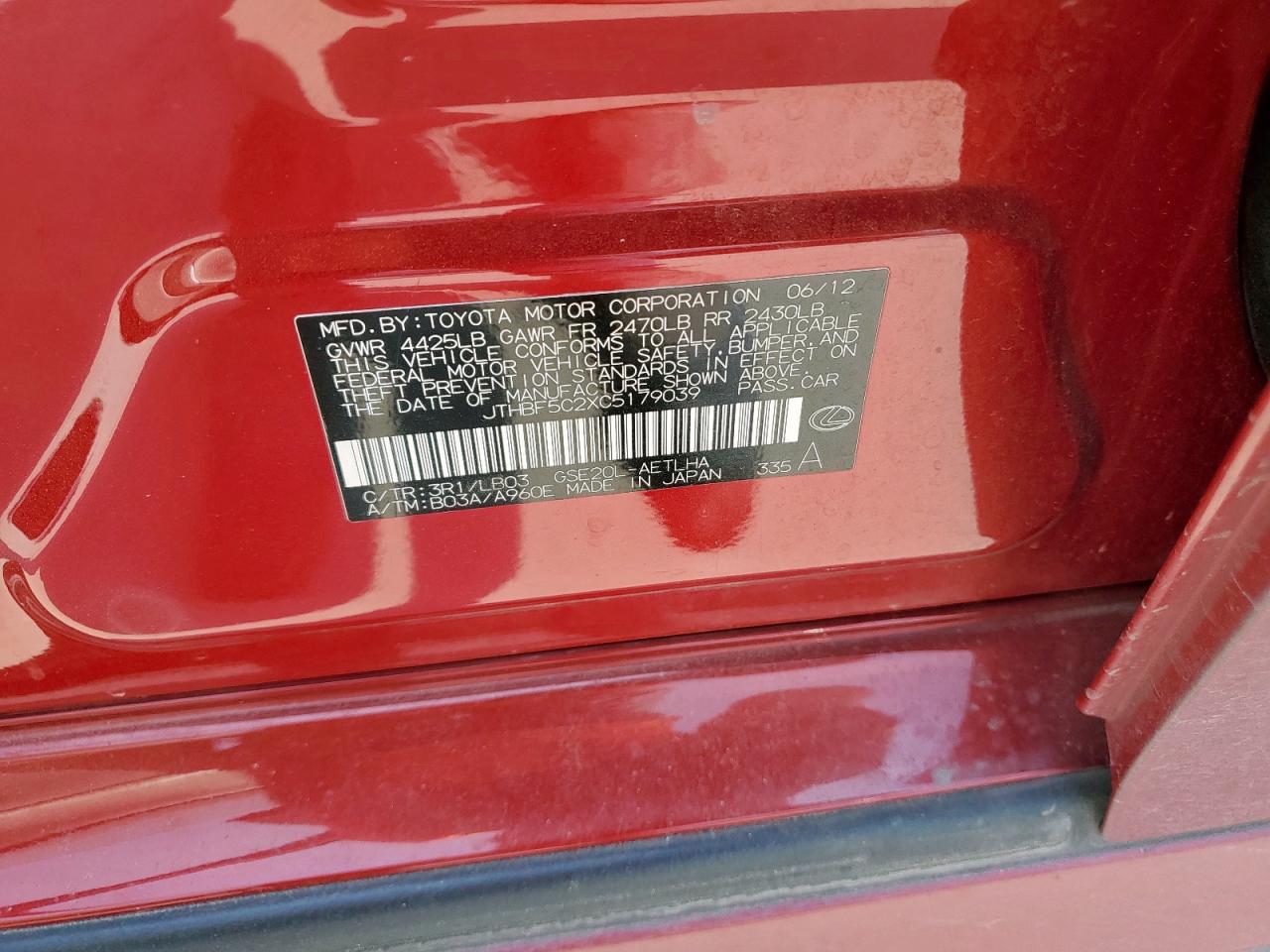 2012 Lexus Is 250 VIN: JTHBF5C2XC5179039 Lot: 56964635