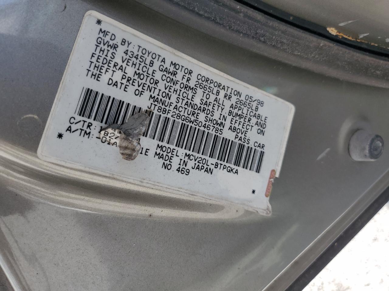 1998 Lexus Es 300 VIN: JT8BF28G6W5046785 Lot: 55593105
