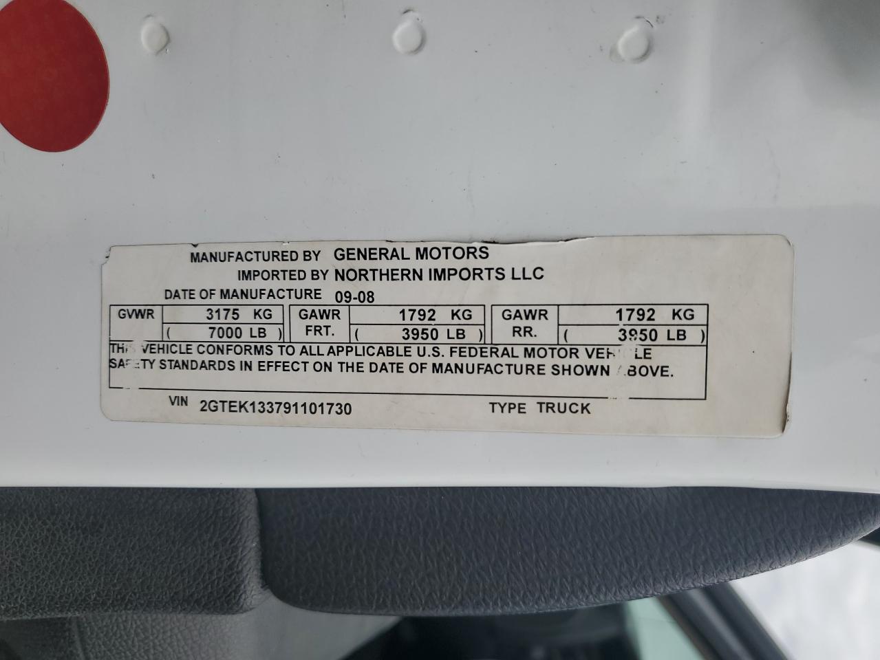 2009 GMC Sierra K1500 VIN: 2GTEK133791101730 Lot: 57383375