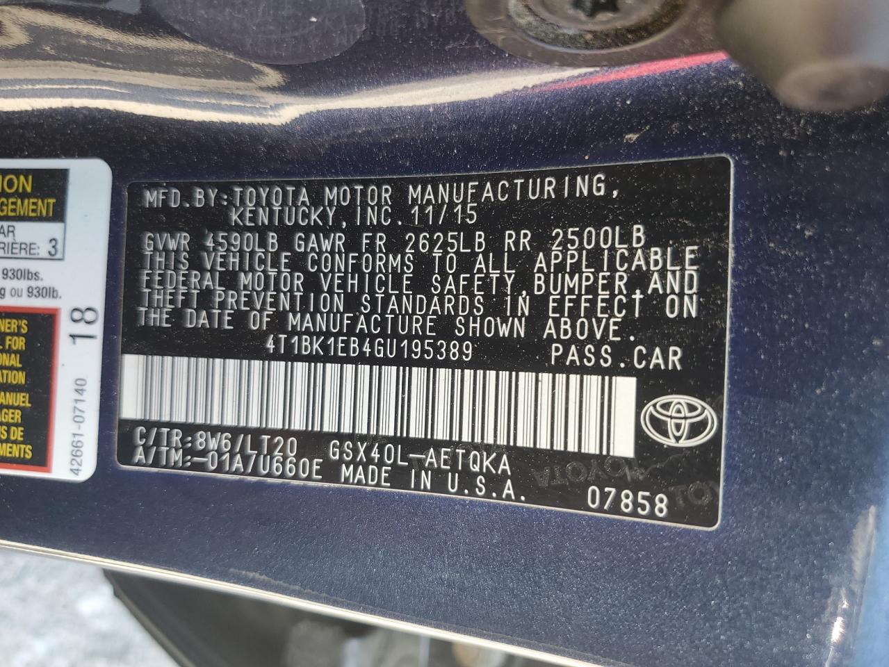 2016 Toyota Avalon Xle VIN: 4T1BK1EB4GU195389 Lot: 56748765