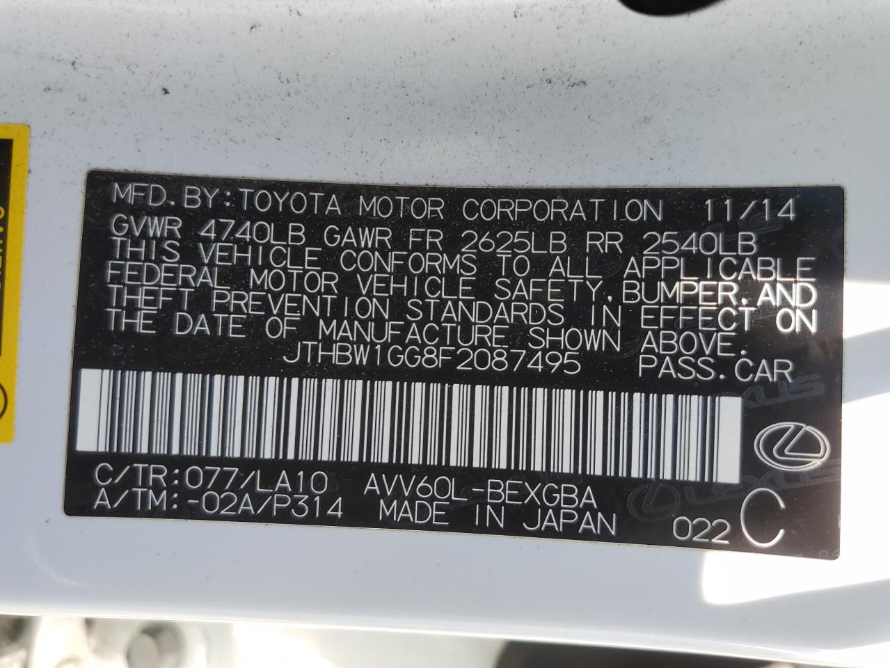 2015 Lexus Es 300H VIN: JTHBW1GG8F2087495 Lot: 56426825