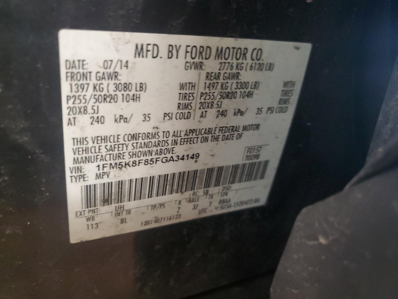 2015 Ford Explorer Limited VIN: 1FM5K8F85FGA34149 Lot: 56918325