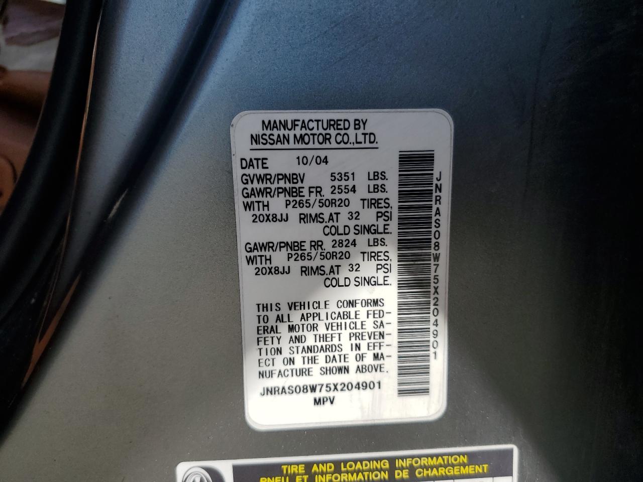 2005 Infiniti Fx35 VIN: JNRAS08W75X204901 Lot: 55780965