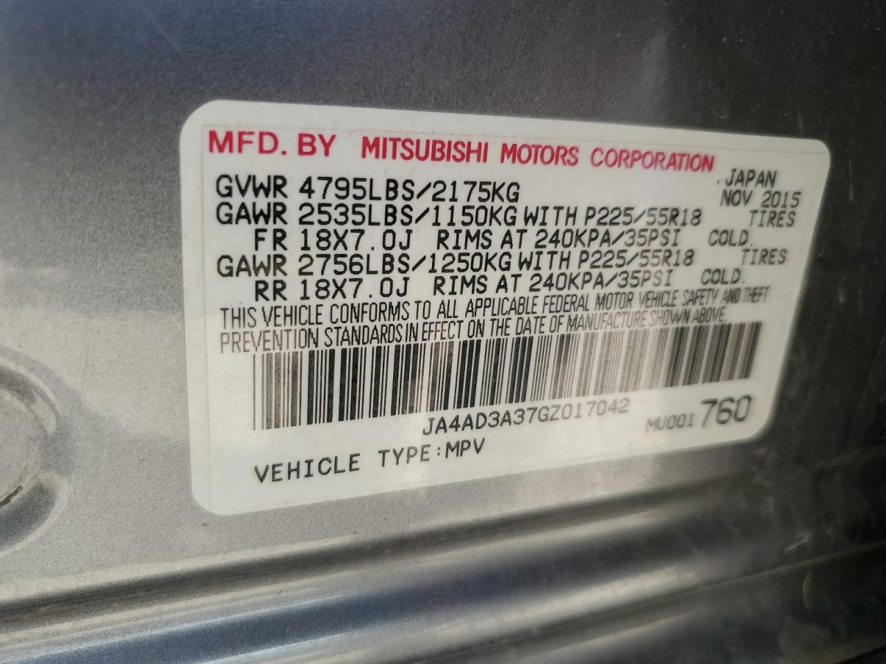 2016 Mitsubishi Outlander Se VIN: JA4AD3A37GZ017042 Lot: 57179585