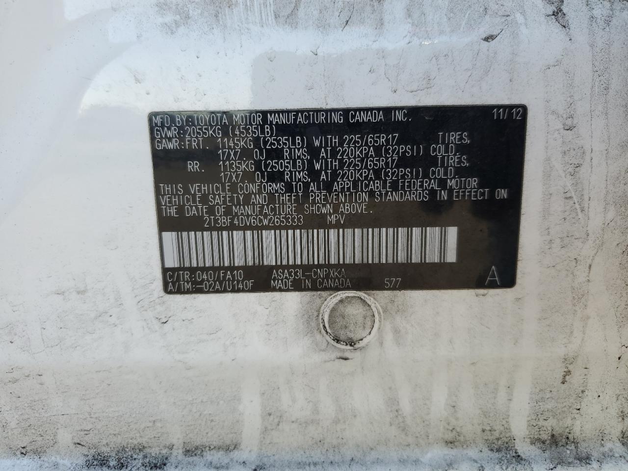 2012 Toyota Rav4 VIN: 2T3BF4DV6CW265333 Lot: 56118665