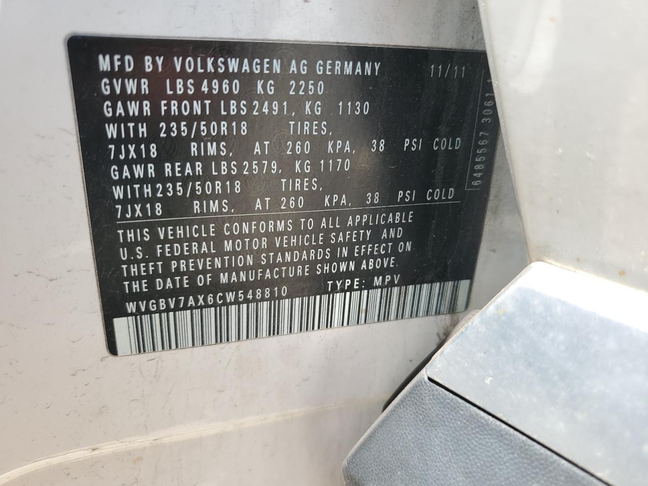 2012 Volkswagen Tiguan S VIN: WVGBV7AX6CW548810 Lot: 55860395