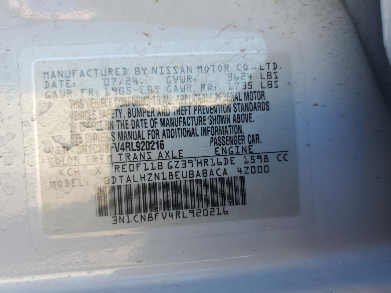 2024 Nissan Versa Sr VIN: 3N1CN8FV4RL920216 Lot: 56881115