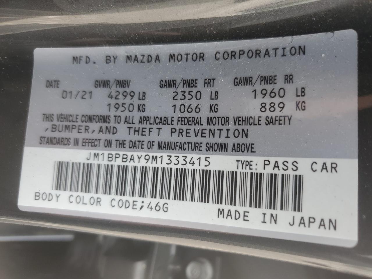 2021 Mazda 3 VIN: JM1BPBAY9M1333415 Lot: 56148865
