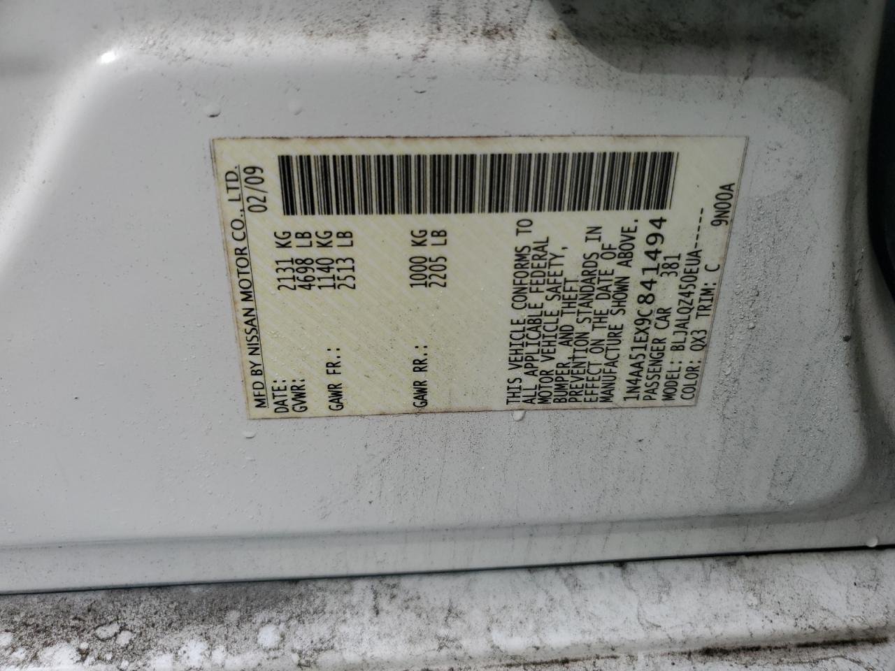 2009 Nissan Maxima S VIN: 1N4AA51EX9C841494 Lot: 56754145