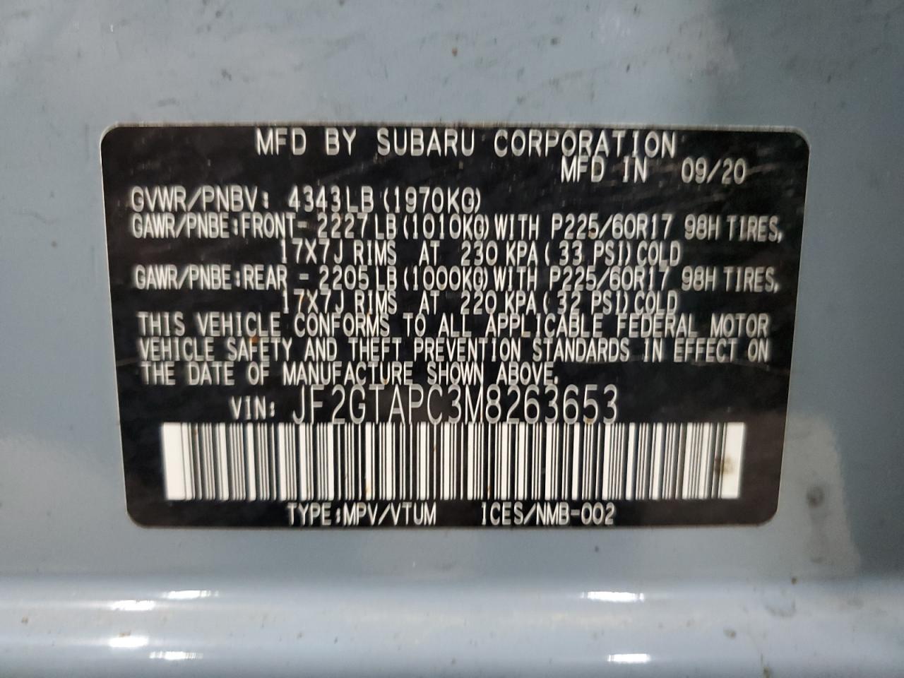 2021 Subaru Crosstrek Premium VIN: JF2GTAPC3M8263653 Lot: 56341735