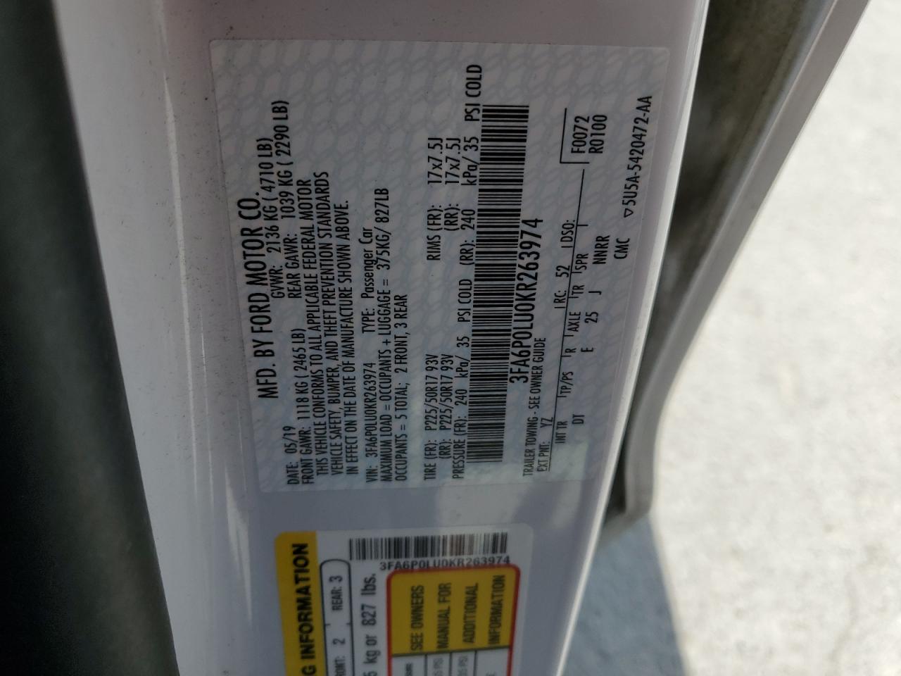 2019 Ford Fusion Se VIN: 3FA6P0LU0KR263974 Lot: 54040445