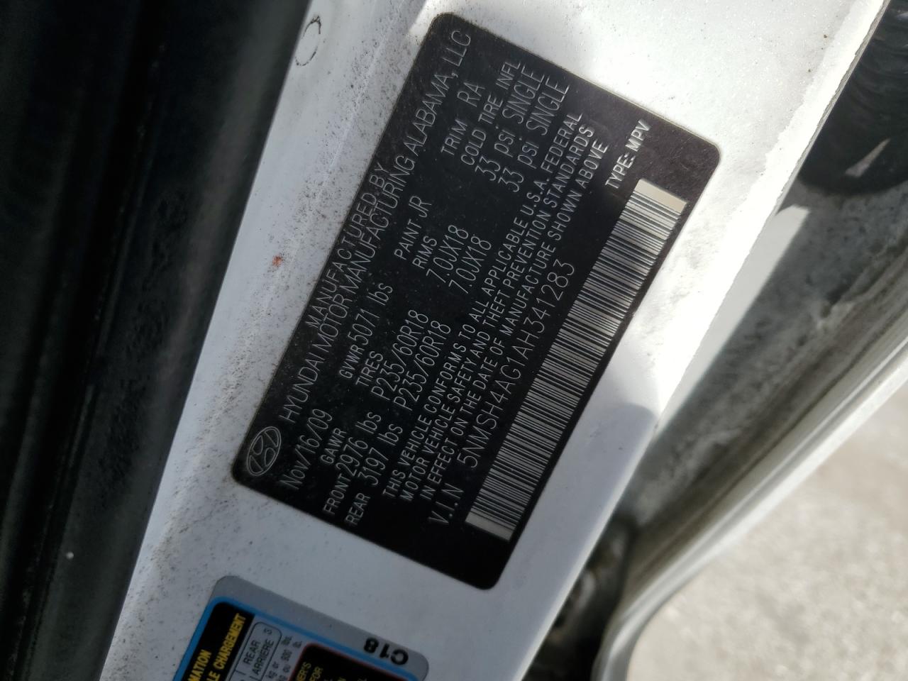 2010 Hyundai Santa Fe Se VIN: 5NMSH4AG1AH341283 Lot: 57634485