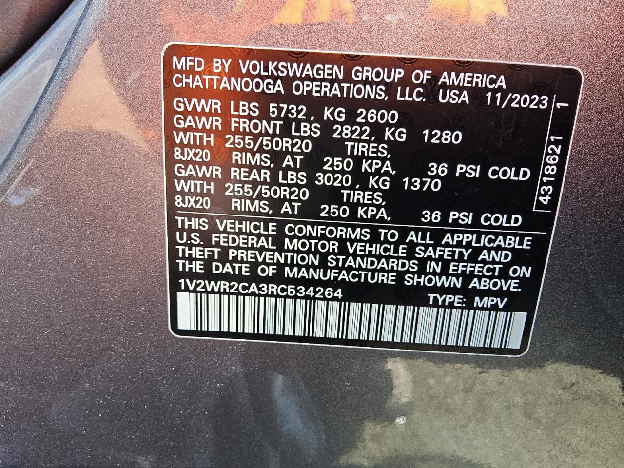 2024 Volkswagen Atlas Se VIN: 1V2WR2CA3RC534264 Lot: 55703905