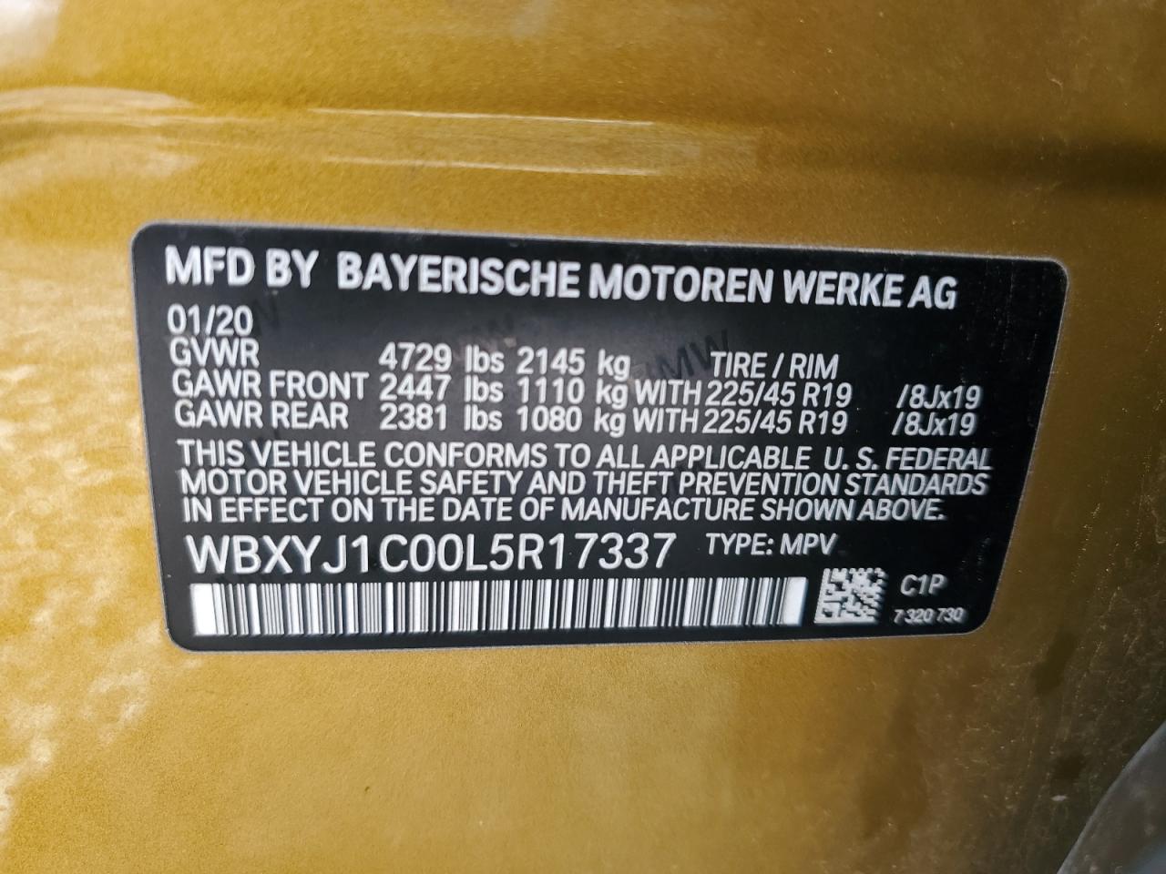 2020 BMW X2 xDrive28I VIN: WBXYJ1C00L5R17337 Lot: 55925855