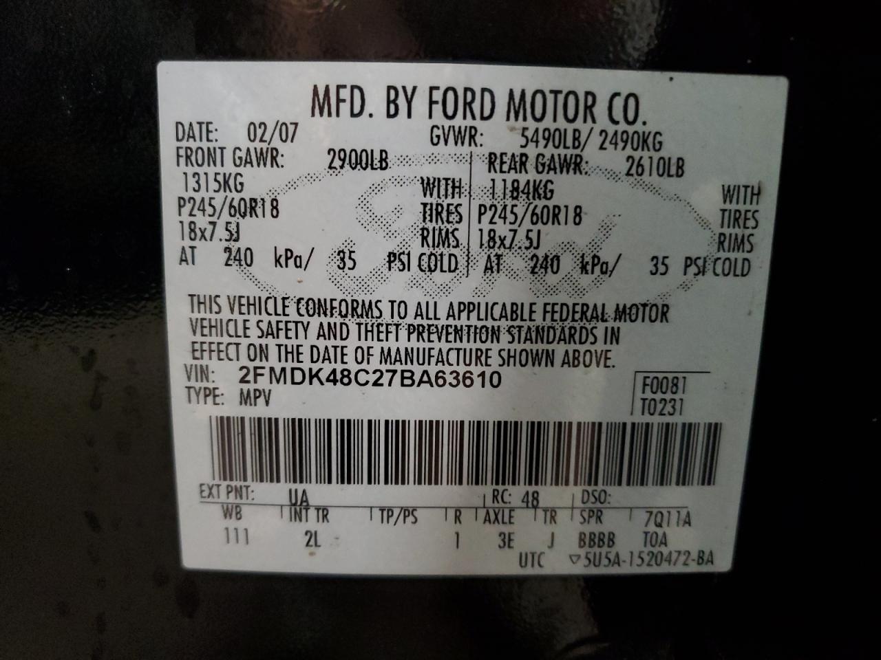 2007 Ford Edge Sel VIN: 2FMDK48C27BA63610 Lot: 57321775