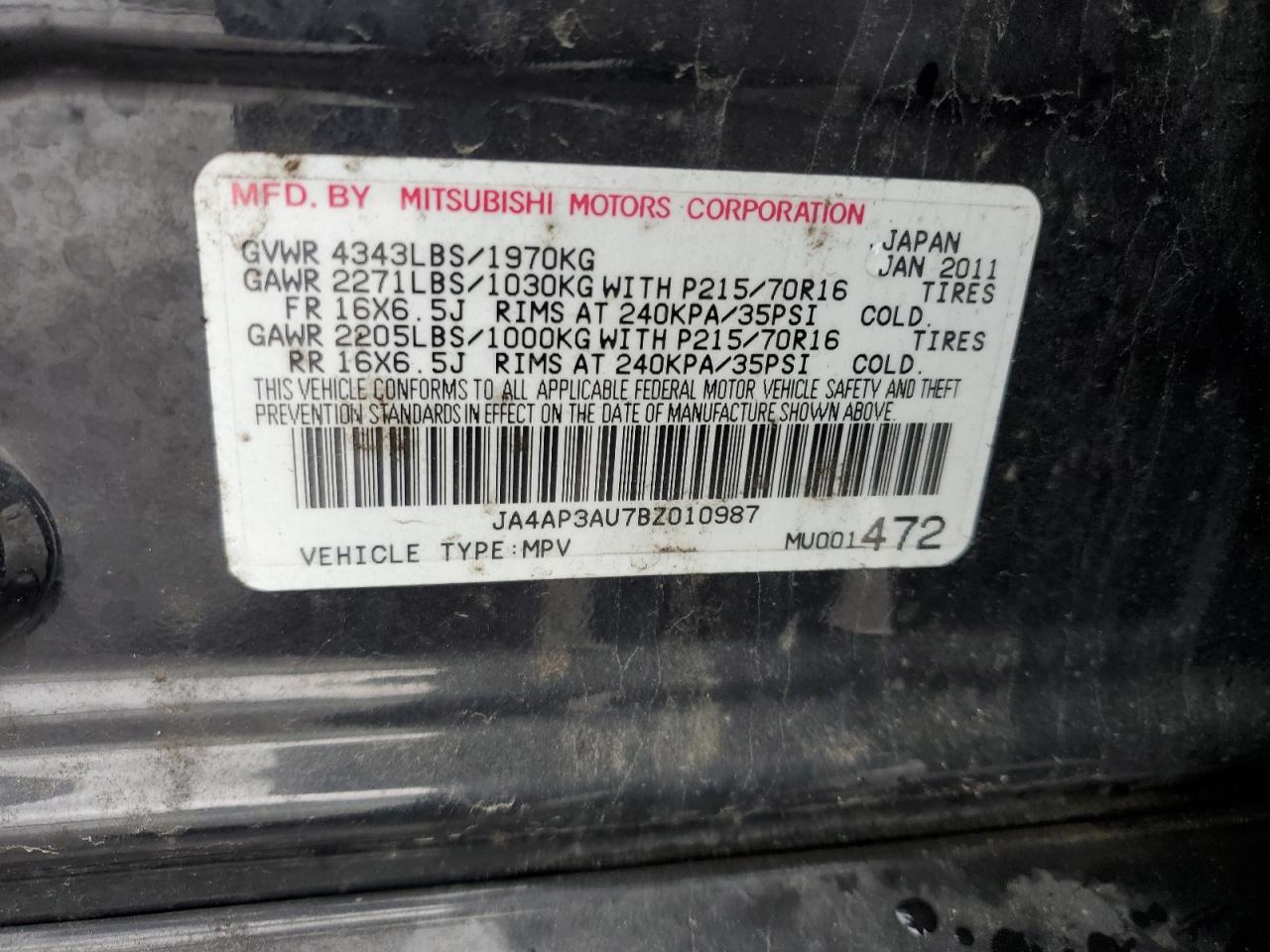 2011 Mitsubishi Outlander Sport Es VIN: JA4AP3AU7BZ010987 Lot: 55899085