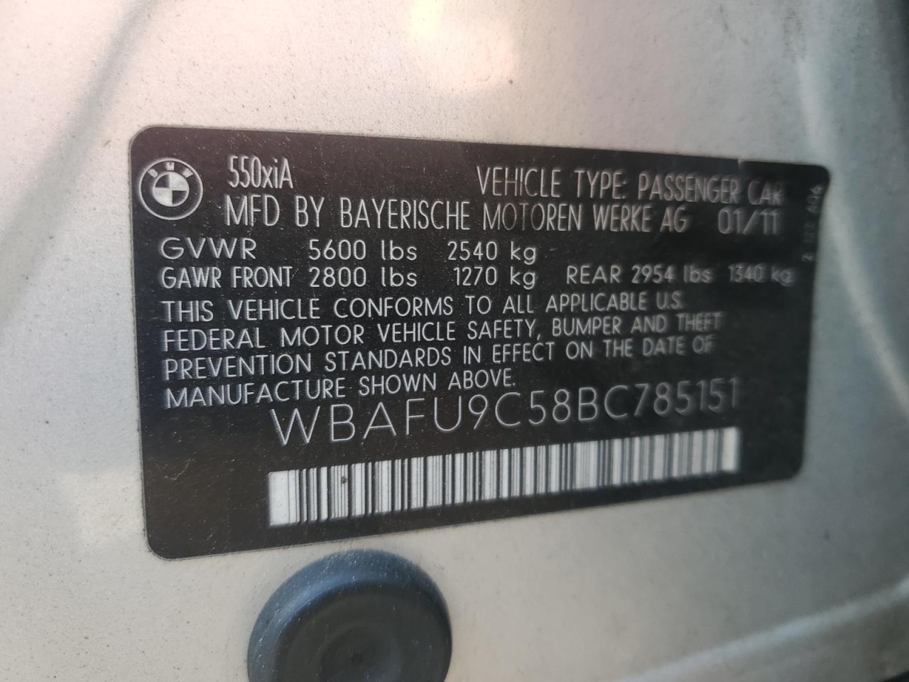 2011 BMW 550 Xi VIN: WBAFU9C58BC785151 Lot: 57291595