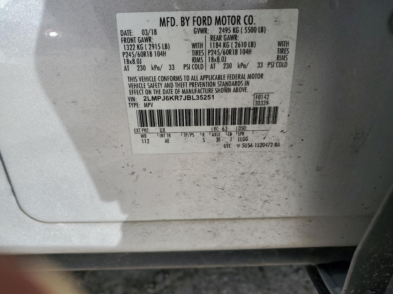 2018 Lincoln Mkx Select VIN: 2LMPJ6KR7JBL35251 Lot: 57334485