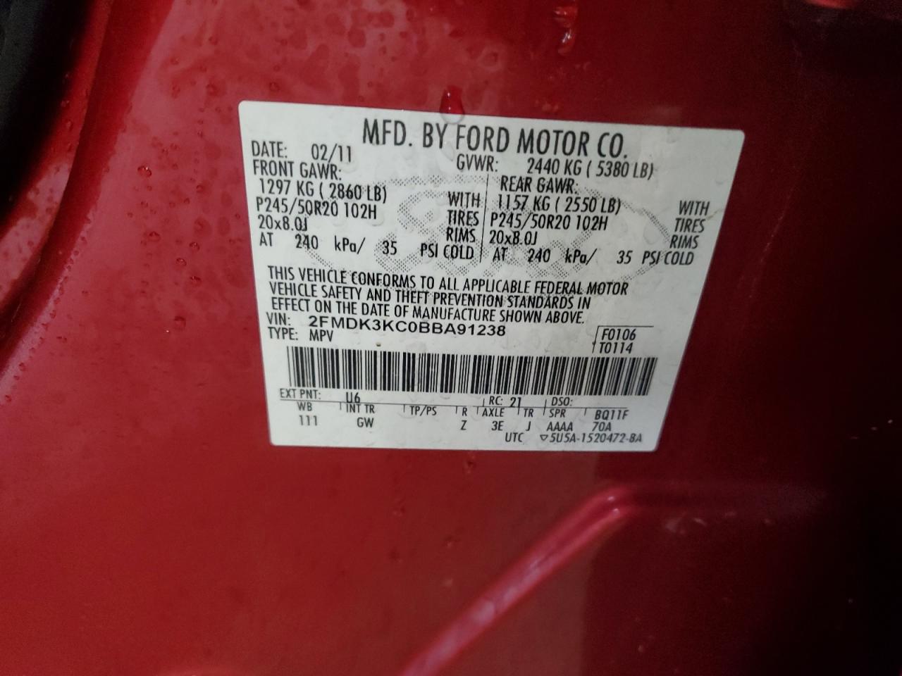 2011 Ford Edge Limited VIN: 2FMDK3KC0BBA91238 Lot: 56287015