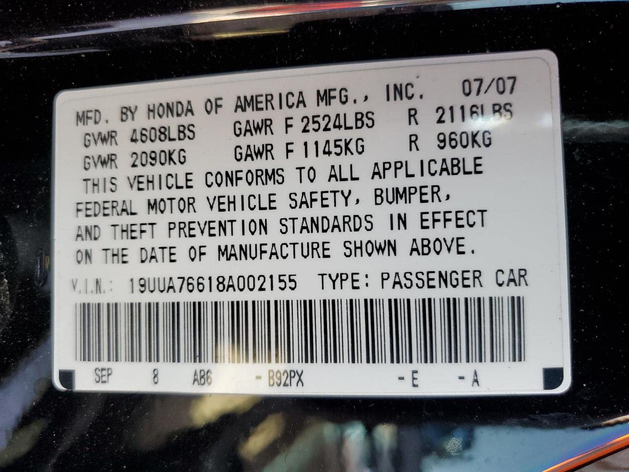 2008 Acura Tl Type S VIN: 19UUA76618A002155 Lot: 57312855