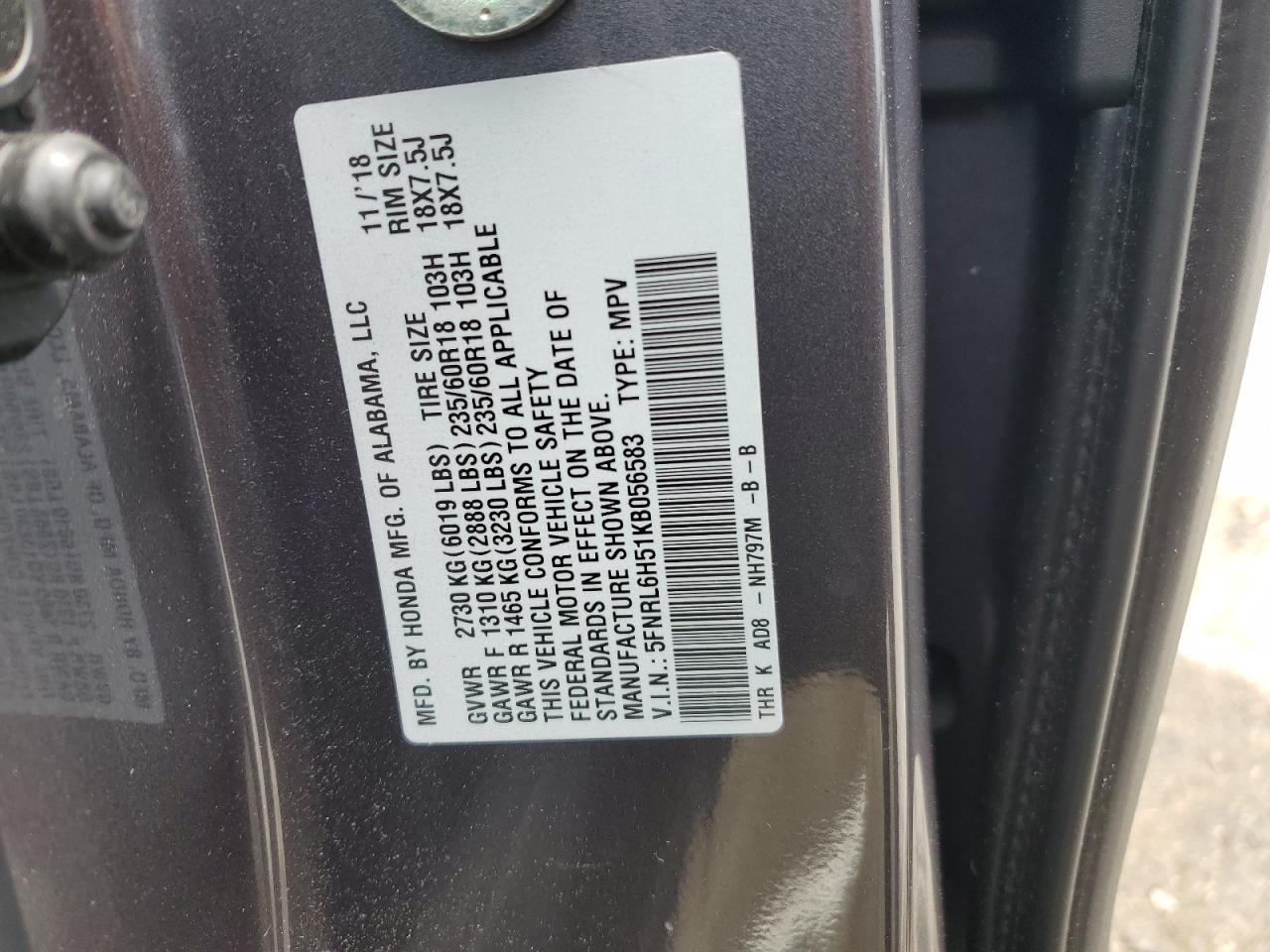 2019 Honda Odyssey Ex VIN: 5FNRL6H51KB056583 Lot: 56881465