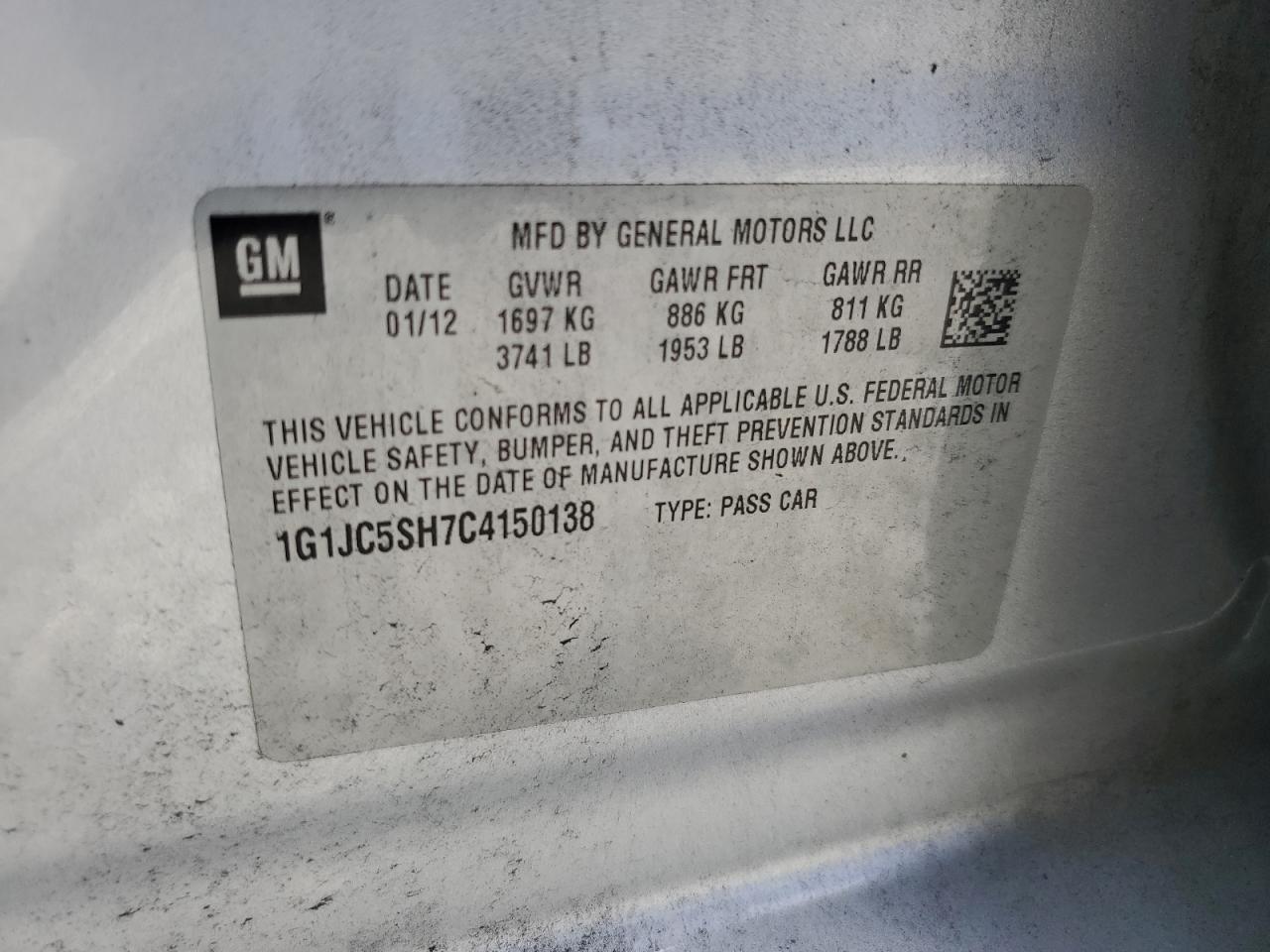 2012 Chevrolet Sonic Lt VIN: 1G1JC5SH7C4150138 Lot: 57175225