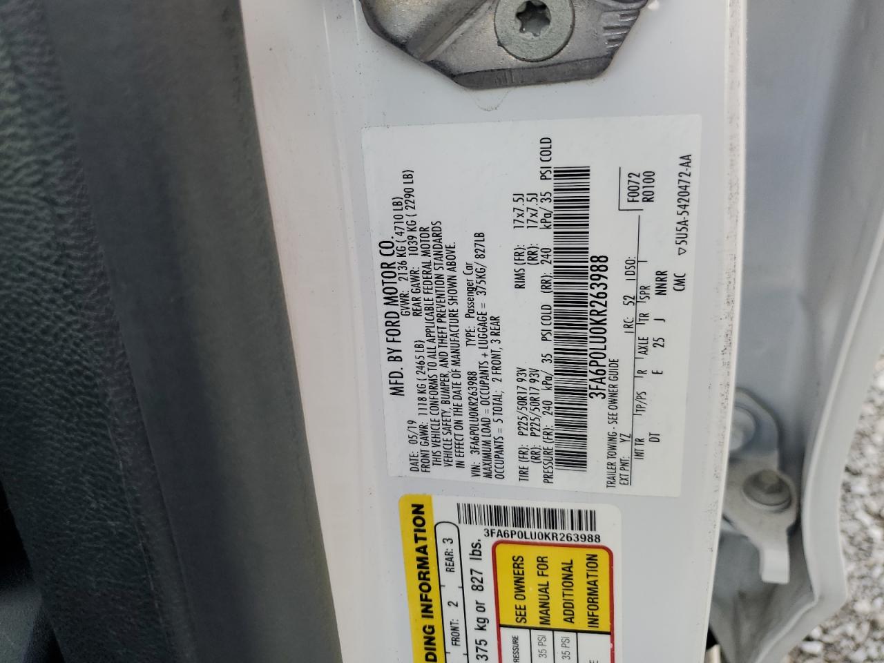 2019 Ford Fusion Se VIN: 3FA6P0LU0KR263988 Lot: 54024855