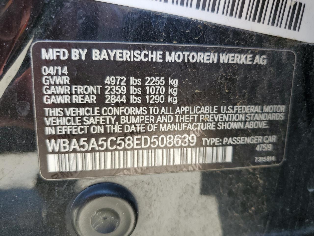 2014 BMW 528 I VIN: WBA5A5C58ED508639 Lot: 56743335
