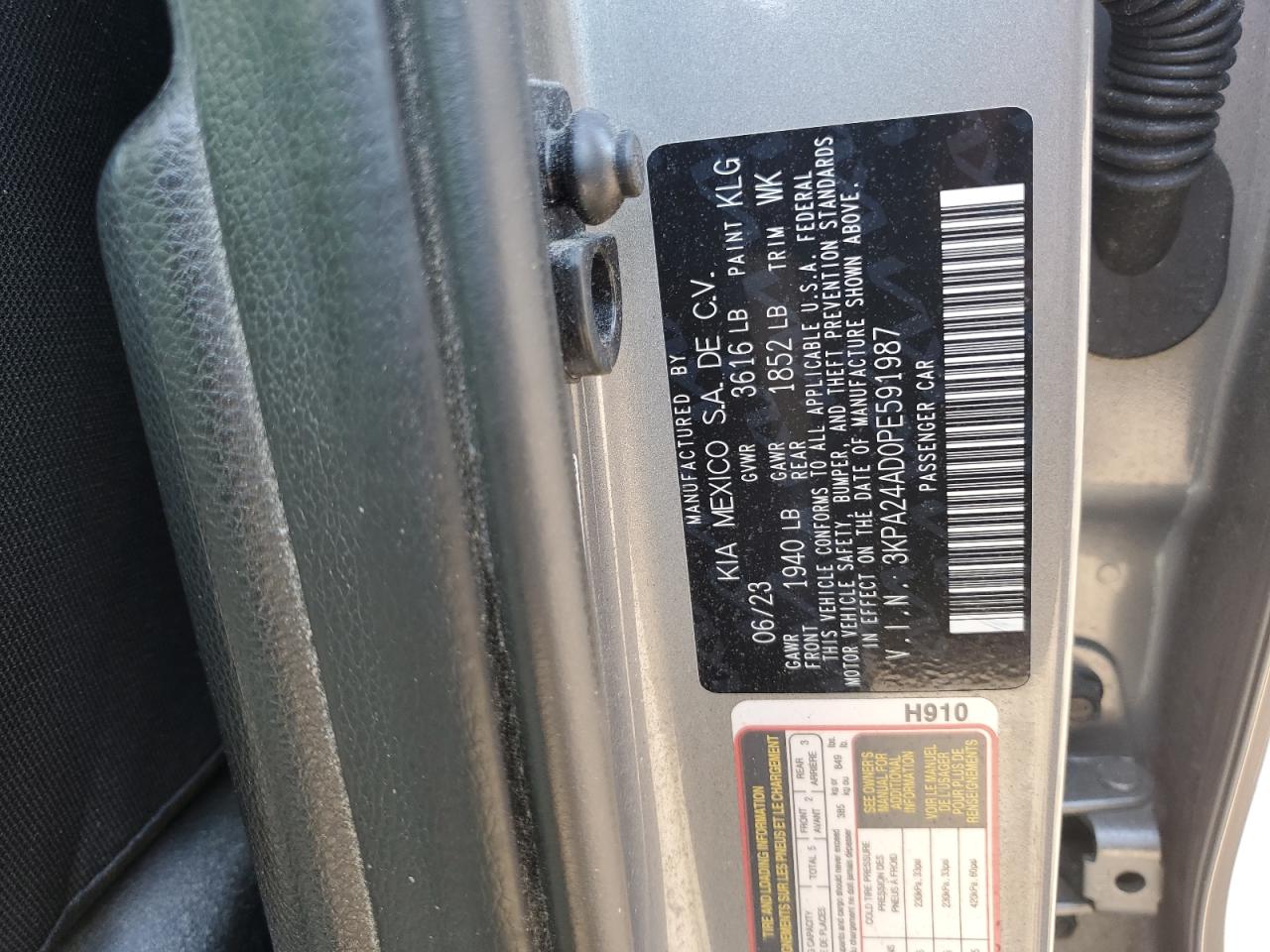 2023 Kia Rio Lx VIN: 3KPA24AD0PE591987 Lot: 56573535